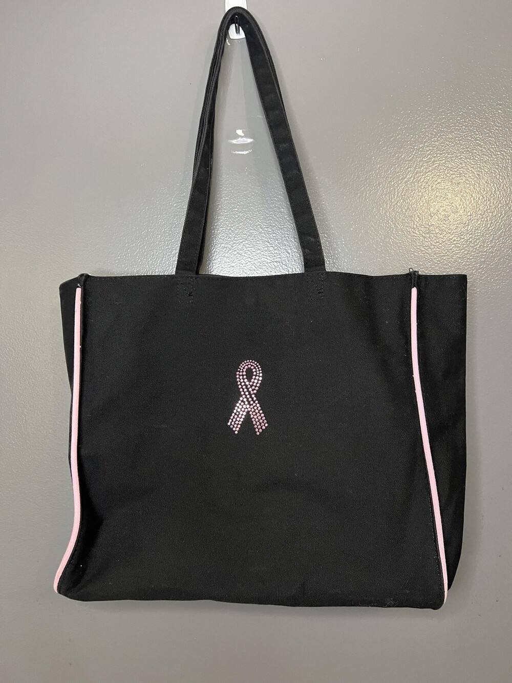 Pink Ribbon Awareness Tote Bag Womens Medium Black Canvas Shoulder Lined